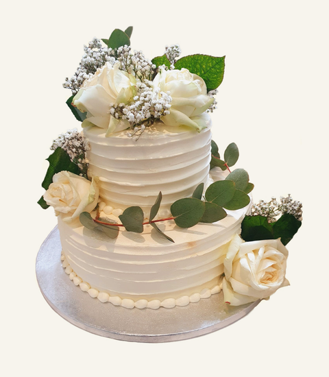 Two Tier White Ribbed Wedding Cake