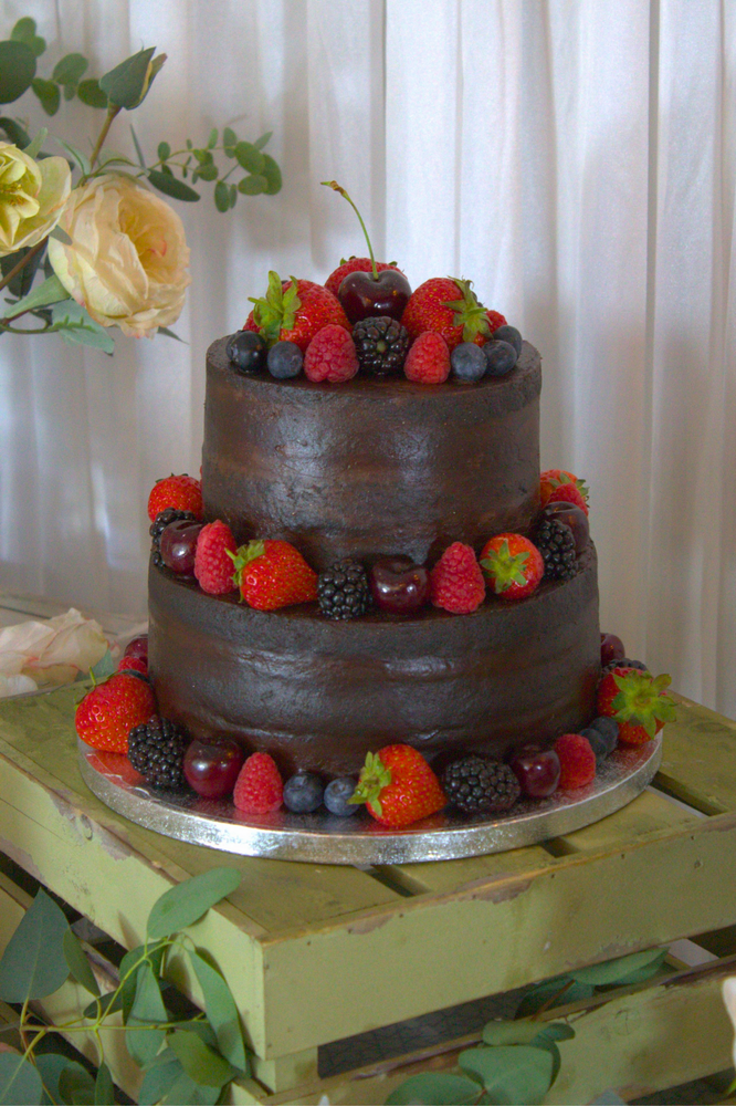 Two Tier Naked Chocolate with Fruit or Flowers Wedding Cake