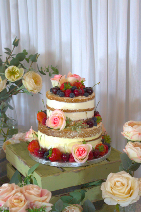 Naked Vanilla Wedding Cake - Floral/Fruit