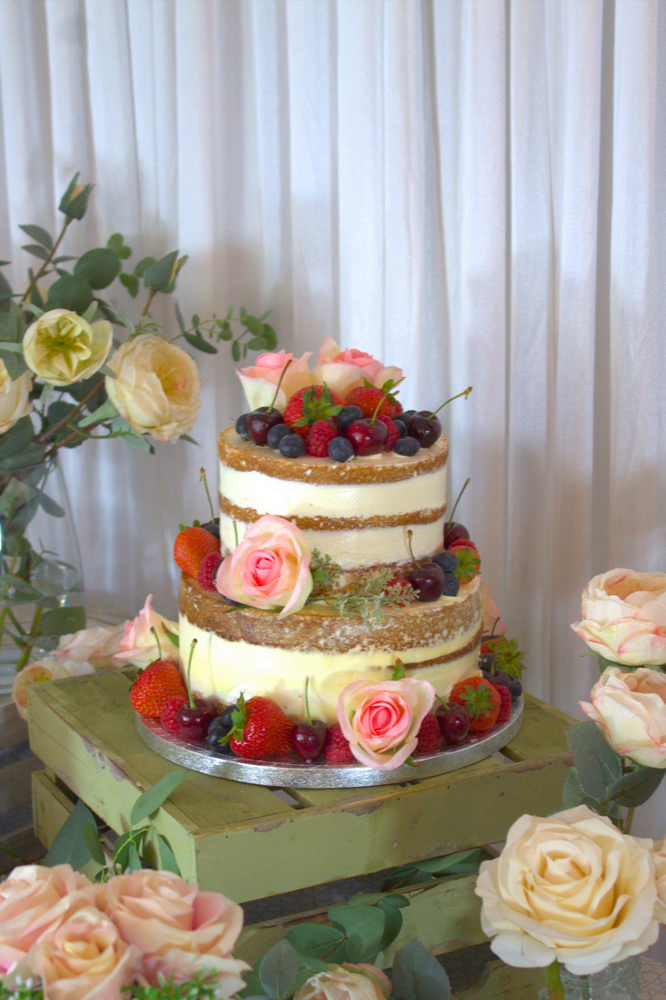 Two Tier Naked Vanilla Wedding Cake - Floral/Fruit