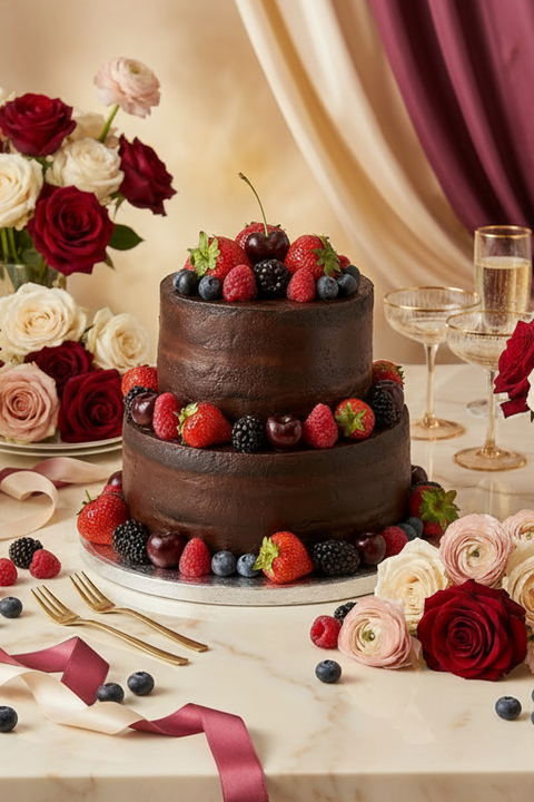Naked Chocolate with Fruit or Flowers Wedding Cake