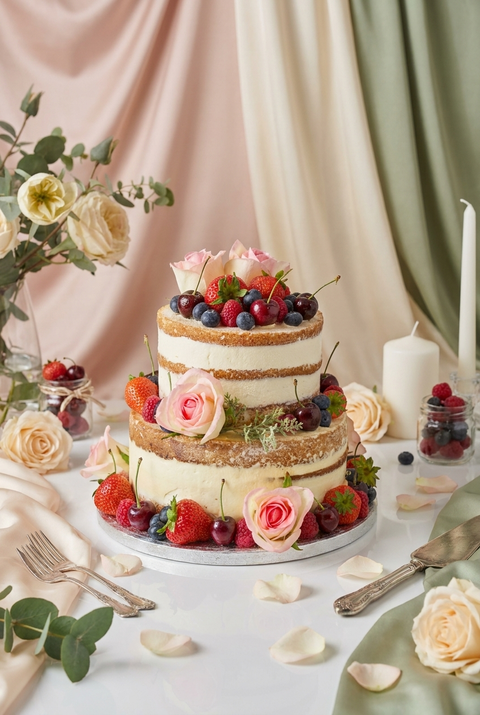 Naked Vanilla Wedding Cake - Floral/Fruit